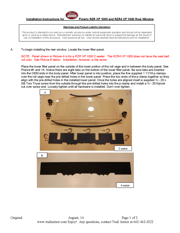 Trail Armor  Polaris 2014 - 2022 RZR 4 XP 1000 (Standard, Sport, Premium, Ultimate), 2016 - 2021 RZR 4 XP Turbo EPS Hard Rear Window Supply