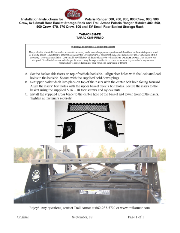 Trail Armor Polaris 500, 700, 800, 800 Crew, 900 Diesel, 900 Diesel Crew, 800 6x6, 900 XP, 900 XP Crew, 570 XP, 570 XP Crew, 570, 570-6 Crew, 1000 Diesel, 1000 Diesel Crew, 1000 XP, 1000 XP Crew, 1000, 1000 Crew, Kinetic XP Small Rear Storage Rack Discount