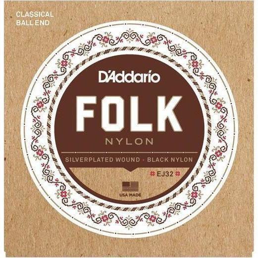 D Addario EJ32 Folk Nylon, Ball End, Silver Wound Black Nylon Trebles Supply